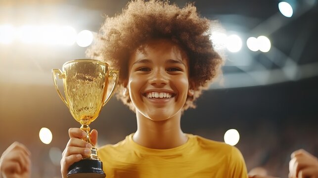 Triumphant Victory: Capturing the triumphant spirit of a victorious young person, radiating joy and pride while holding aloft a golden trophy, symbolizing success and achievement.