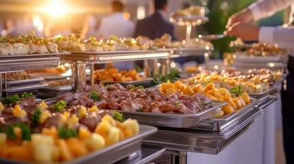 A festive indoor gathering with a rich catering buffet spread