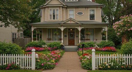 Victorian House with Colorful Flower Garden and White Picket Fence