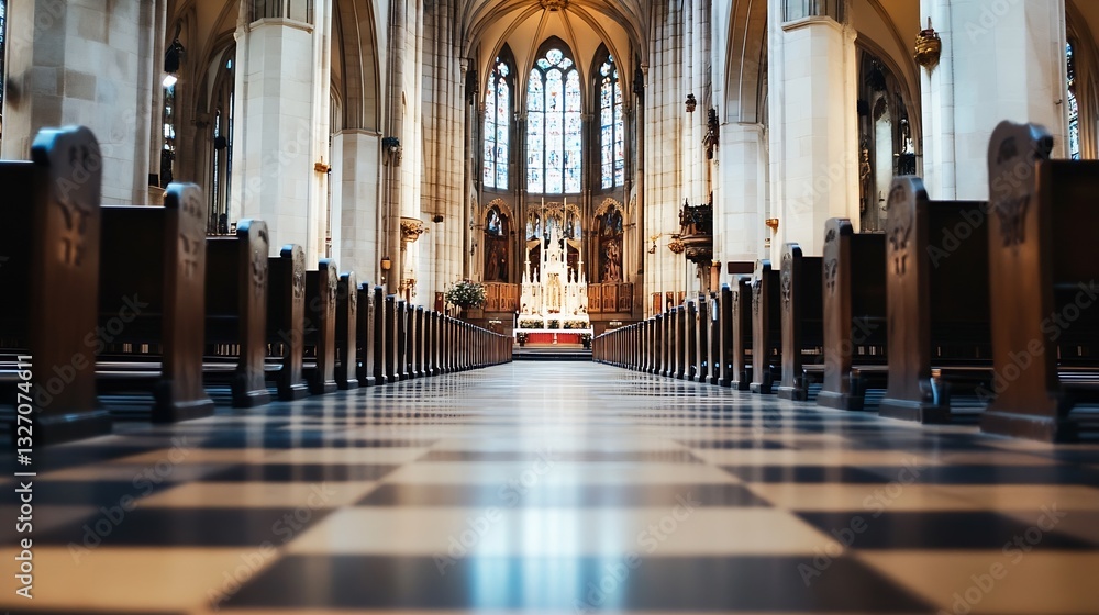 Aufkleber beautiful interior of a church with elegant architecture and patterned floor tiles : generative ai