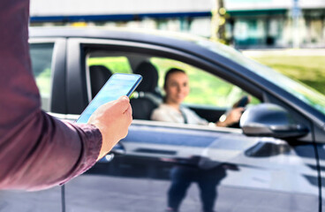 Ride share. Rideshare car app. Taxi cab driver mobile service in phone. Customer and passenger waiting in street. Online order and request from passenger. Private drive in city. Happy man and woman.