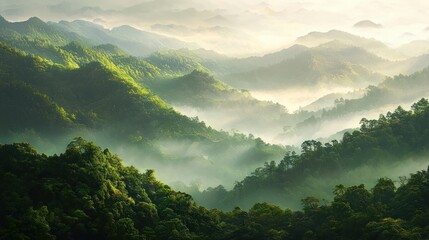Fototapeta premium Misty Mountain Majesty: A Serene Sunrise in Verdant Hills