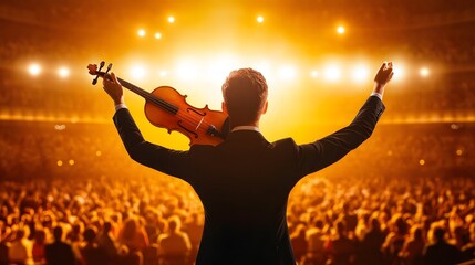 Fototapeta premium A Violinist's Crescendo: A silhouette of a violinist, radiating musical passion as he captivates the audience in a concert hall. Embracing the moment with the instrument.