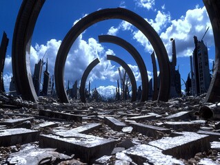 Fototapeta premium Ruined City Arches Futuristic Remains of Civilization Post Apocalyptic Landscape Conceptual Art