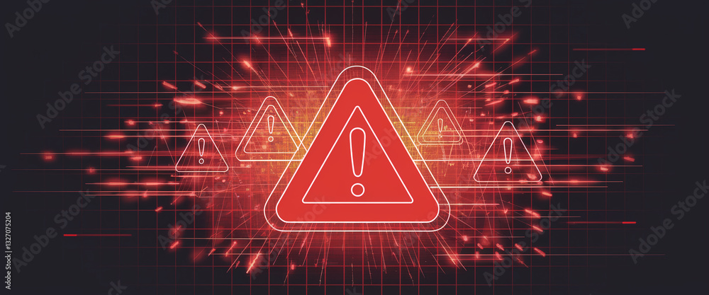 Poster red warning triangles on dark grid background, radiating energy lines, symbolizing alert, risk, or s