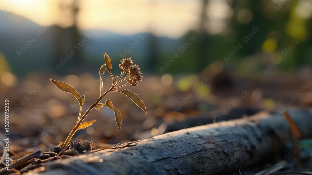 Aufkleber Close up of a young plant emerging from a log in a serene forest with soft sunlight filtering through : Generative AI