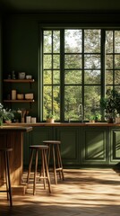 Obraz premium Sunlight streams through large windows in a green-themed kitchen with wooden accents and plants during the day