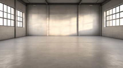 Fototapeta premium Spacious industrial warehouse interior with natural light streaming through large windows