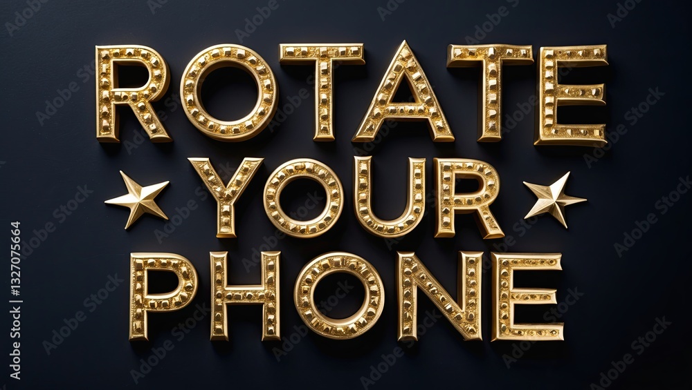 Poster bold gold lettering on a dark background with a message to rotate the phone for better viewing