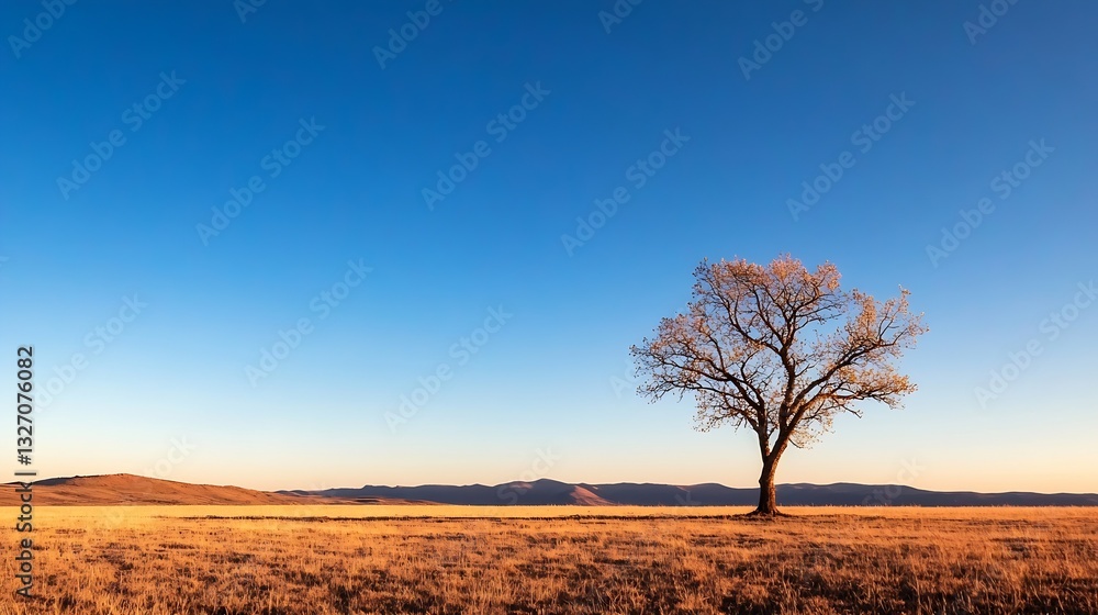Poster isolated tree in a vast open landscape under a clear blue sky during golden hour : generative ai