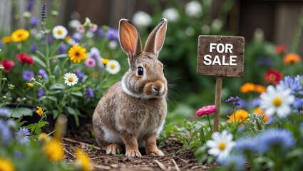 Obraz premium A charming rabbit sitting among vibrant flowers with a wooden sign indicating 'For Sale', creating a whimsical garden scene