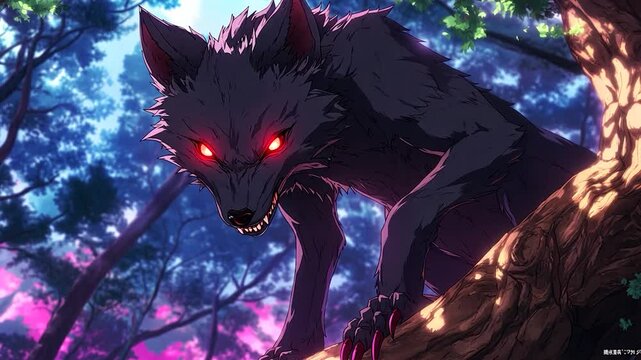 A menacing wolf-like creature with glowing red eyes perched on a tree in a mystical forest at dusk