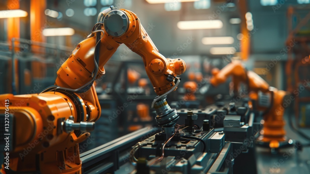 Poster robotic arm working in a modern factory. close up of robotic arm machine working and packing the pro