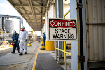 A safety sign warns of confined space hazards, with workers in protective gear walking nearby in an industrial setting.