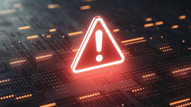 Red triangular warning symbol on glowing circuit board, representing digital error, alert, or system failure concept