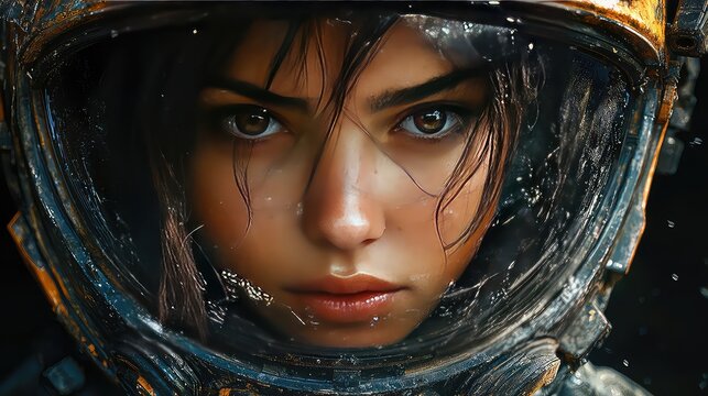 Close-up Portrait of a Young Woman Astronaut in a Damaged Helmet, Gritty Sci-Fi Setting, Realistic Digital Painting, Intense Gaze, Water Droplets on Visor