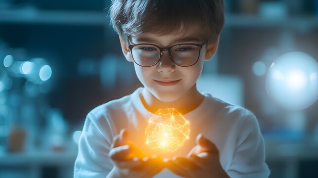 Young Scientist with energy in Hands: A curious young scientist gazes with wonder at an orb of vibrant energy held gently in his hands. This image represents the exciting world of science.