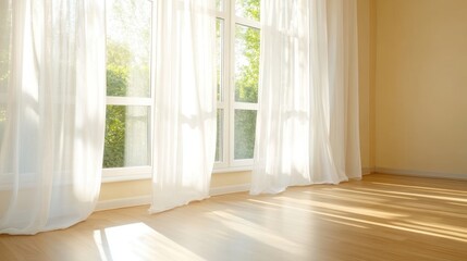 Fototapeta premium Room Filled With Soft Sunlight And Sheer Curtains
