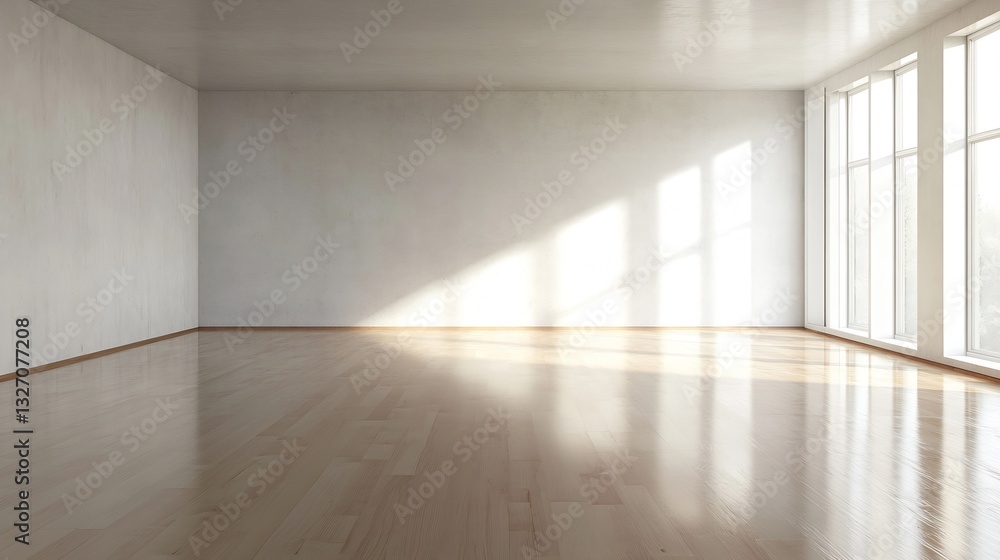 Poster bright and airy empty room with large windows flooding the floor with natural light : generative ai