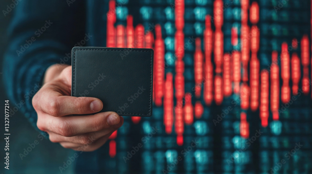 Poster economic risk inflation. hand holding a small square object with a digital graph backdrop.