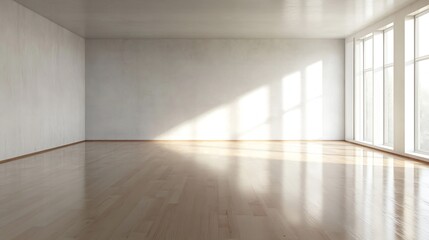 Fototapeta premium Bright and Airy Empty Room with Large Windows Flooding the Floor with Natural Light : Generative AI