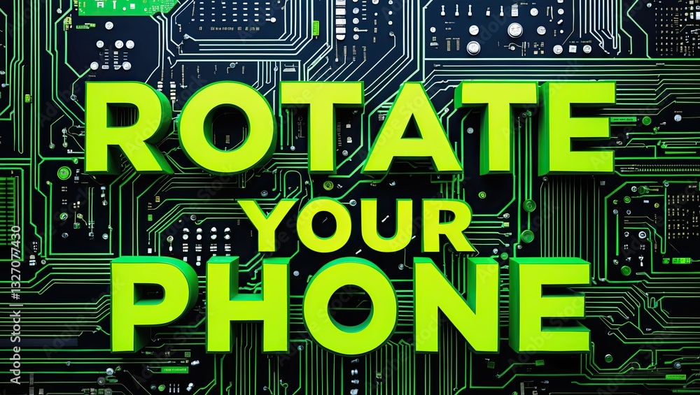 Poster a visually striking digital display featuring a message to rotate the phone amidst a backdrop of int