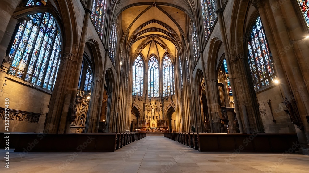 Aufkleber inside a stunning cathedral featuring high arched ceilings with stained glass windows and elegant ar