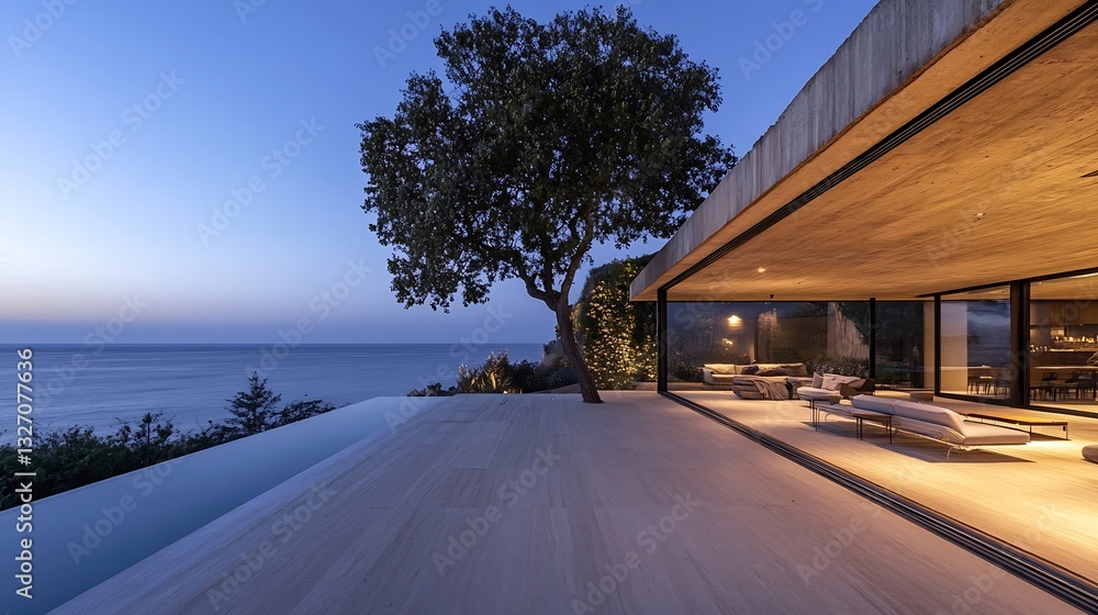 Aufkleber modern coastal home at twilight featuring stylish architecture and breathtaking ocean views : genera