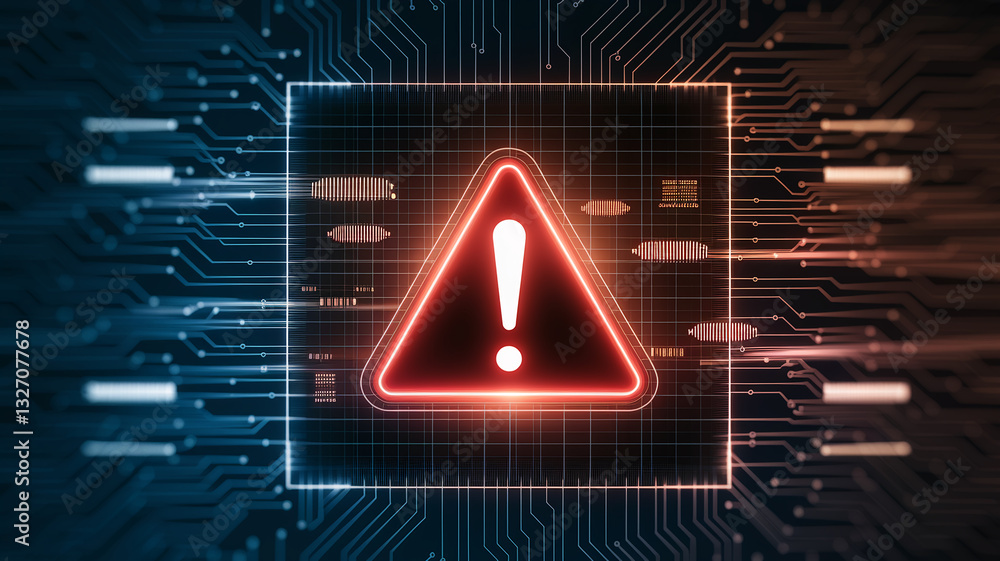 Poster glowing red warning triangle on a circuit board background, symbolizing digital alert, system error,