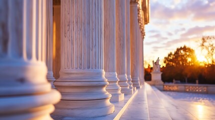 Stunning architectural details of ancient columns at sunset highlighting grandeur and elegance : Generative AI