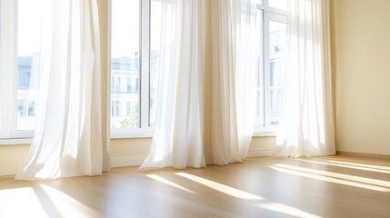 Bright Room With Sheer Curtains And Sunlight Streaming