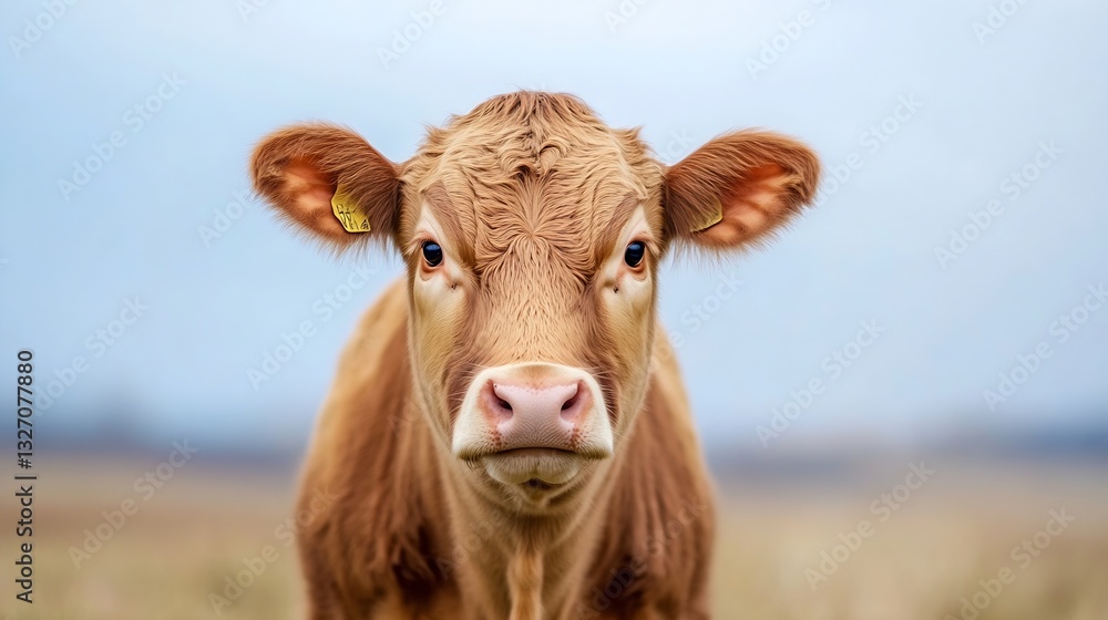 Poster charming young cow standing in a green pasture with a curious expression against a cloudy sky backdr