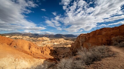 Obraz premium Breathtaking panoramic view of a vibrant rocky landscape with rugged cliffs and dramatic skies in the distance : Generative AI