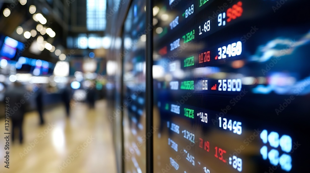 Poster Dynamic stock market display with fluctuating prices and trading data shown in a financial district : Generative AI