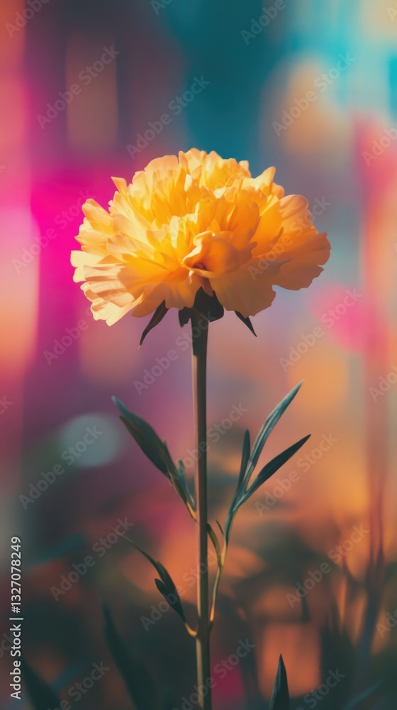 Poster a single yellow flower with a blurry background, suitable for use in nature-inspired designs or as a