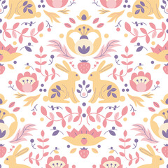 Easter scandi pattern with bunny. Hand-drawn vector illustration in flat style.