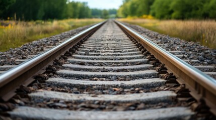 Fototapeta premium Close Up of Railroad Tracks Snaking Through a Scenic Landscape Surrounded by Lush Green Trees : Generative AI