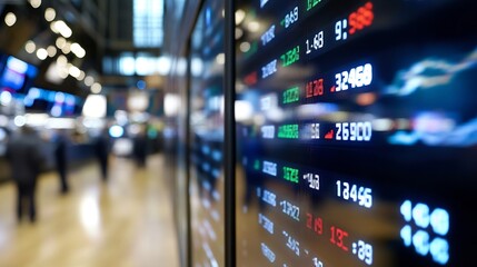 Dynamic stock market display with fluctuating prices and trading data shown in a financial district : Generative AI