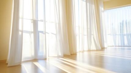 Fototapeta premium Spacious Sunlit Room With Sheer Curtains And Wood Floors