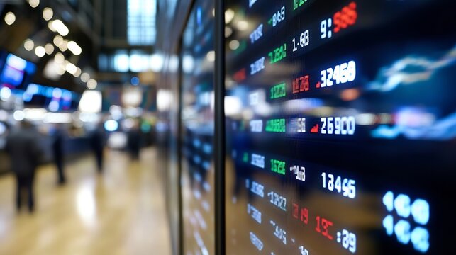 Dynamic stock market display with fluctuating prices and trading data shown in a financial district : Generative AI