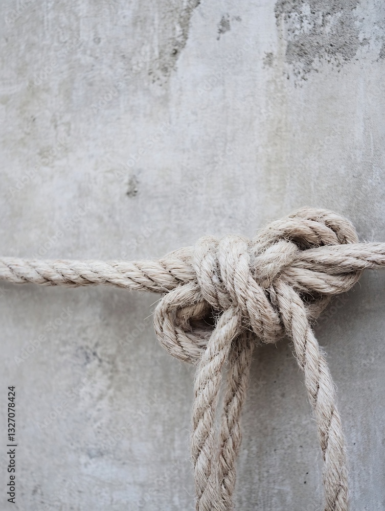 Aufkleber closeup of a tightly knotted rope on a concrete surface demonstrating craftsmanship and texture deta