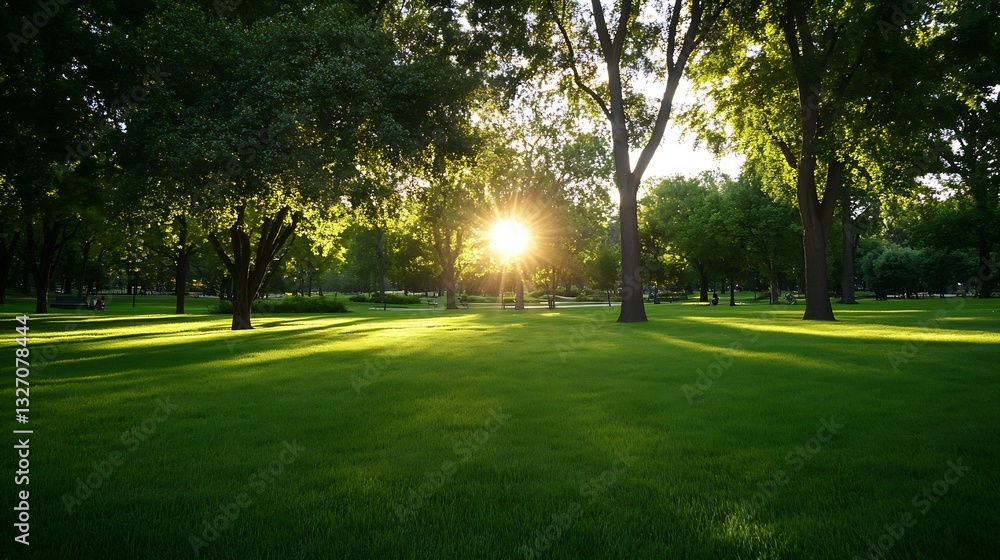 Poster radiant sunlight streaming through trees in a serene park with lush green grass : generative ai