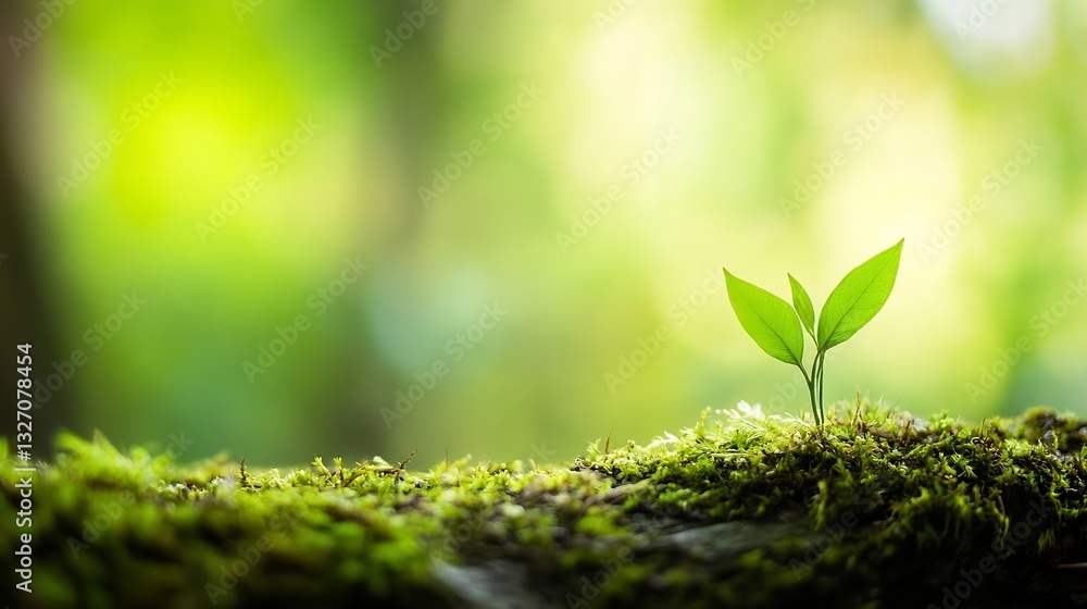 Poster pair of vibrant green leaves growing on a mossy log under soft natural light in a forest setting : g