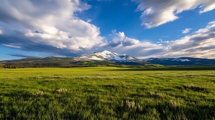 Obraz premium Stunning panoramic view of snow capped mountains and lush green fields under a bright blue sky : Generative AI