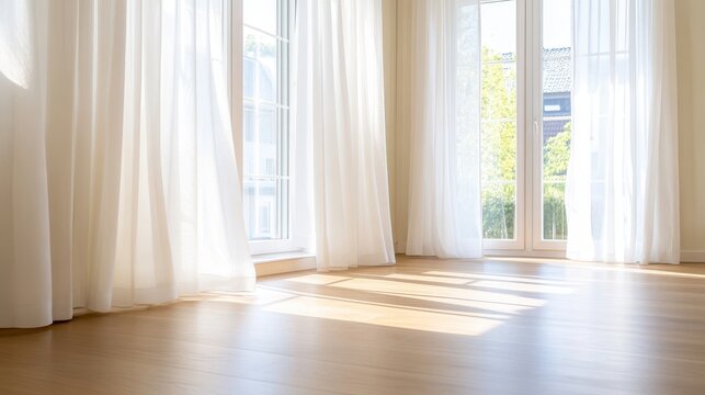 Sunlit Room With Sheer Curtains And Hardwood Floors