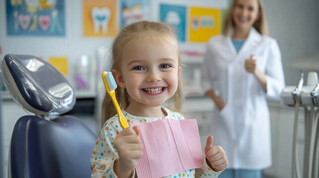 A happy young girl holds a toothbrush and gives a thumbs-up at a dental clinic, with a smiling dentist in the background. Image made using Generative AI.
