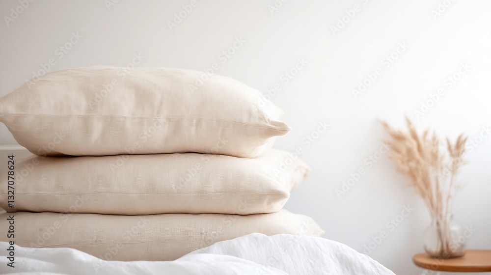 Poster cozy neutral colored decorative pillows on a comfortable bed with soft fabric texture : generative a