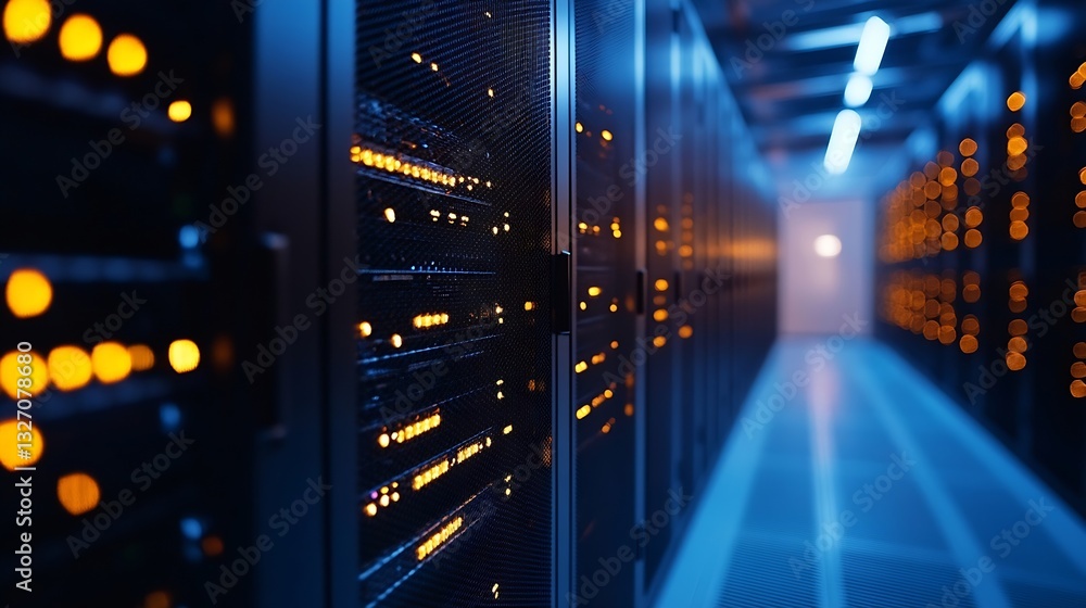 Poster High Tech Data Center with Glowing Servers in a Modern Digital Environment : Generative AI