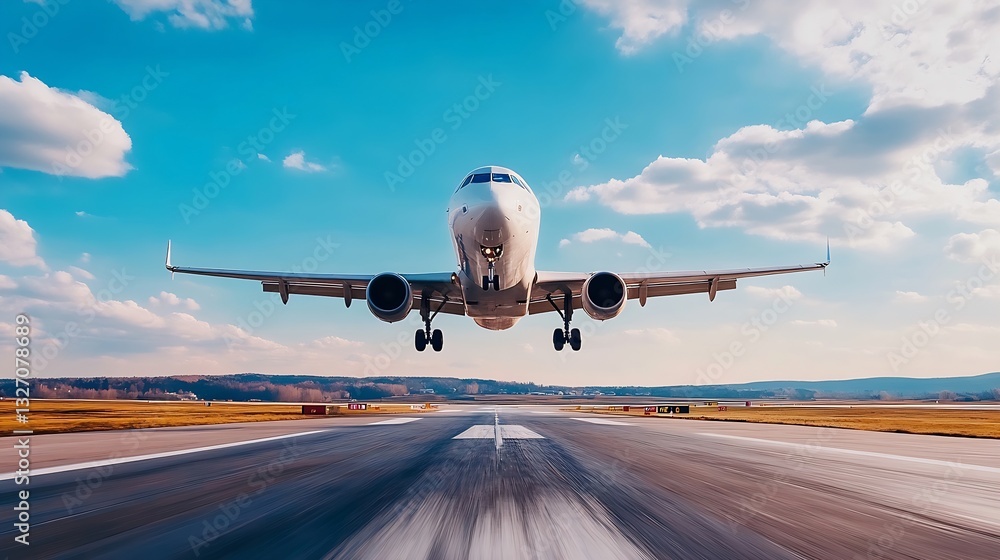 Poster modern aircraft landing on runway against breathtaking sky and clouds : generative ai
