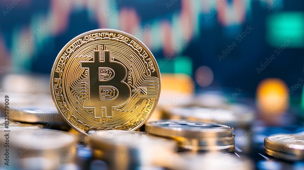 Poster shiny golden bitcoin on a stack of coins in front of financial trading graph : generative ai